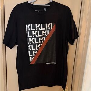 Karl Lagerfeld Black Short-Sleeve Tee with White Logo Repeat and Brown Diagonal